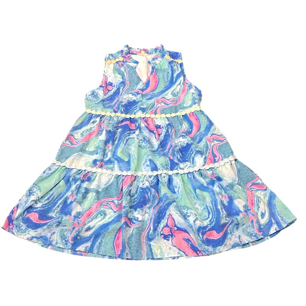 Entro Sleeveless V-Neck Ribbon Detail Tiered Swirl Pattern Dress Size Large - Picture 11 of 11